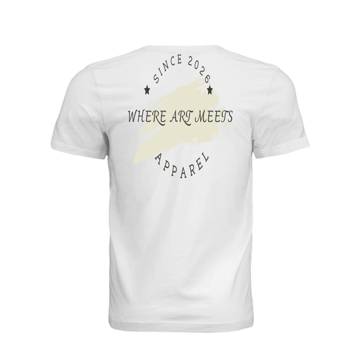 White tee back featuring beige paint-stroke emblem with "Since 2026 Where Art Meets Apparel" text and stars.
