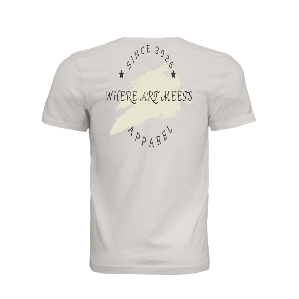 Beige Urban Artistic Signature Tee back view featuring 2026 paint-stroke emblem and "Where Art Meets Apparel" text.