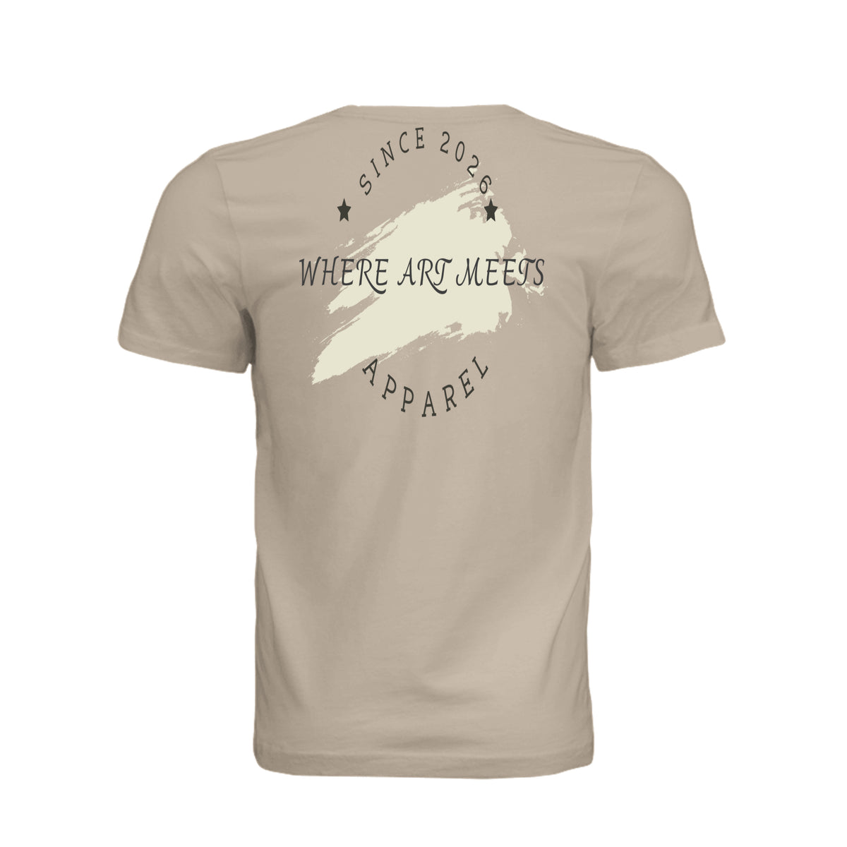 Beige tee back print featuring a cream paint-stroke emblem, "Since 2026," and "Where Art Meets Apparel" text.