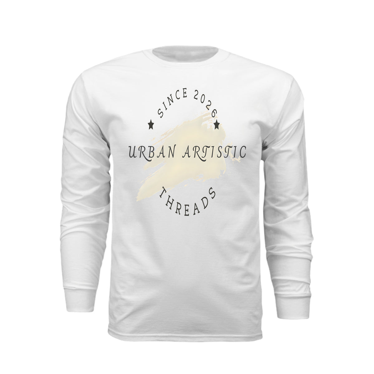 White long sleeve tee featuring Urban Artistic Threads logo with a beige paint stroke and "Since 2026" text.