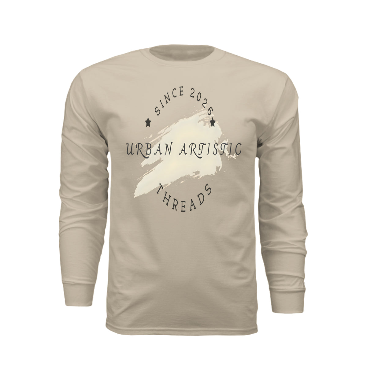 Beige long sleeve tee featuring Urban Artistic Threads signature logo with "Since 2026" and artistic paint stroke design.
