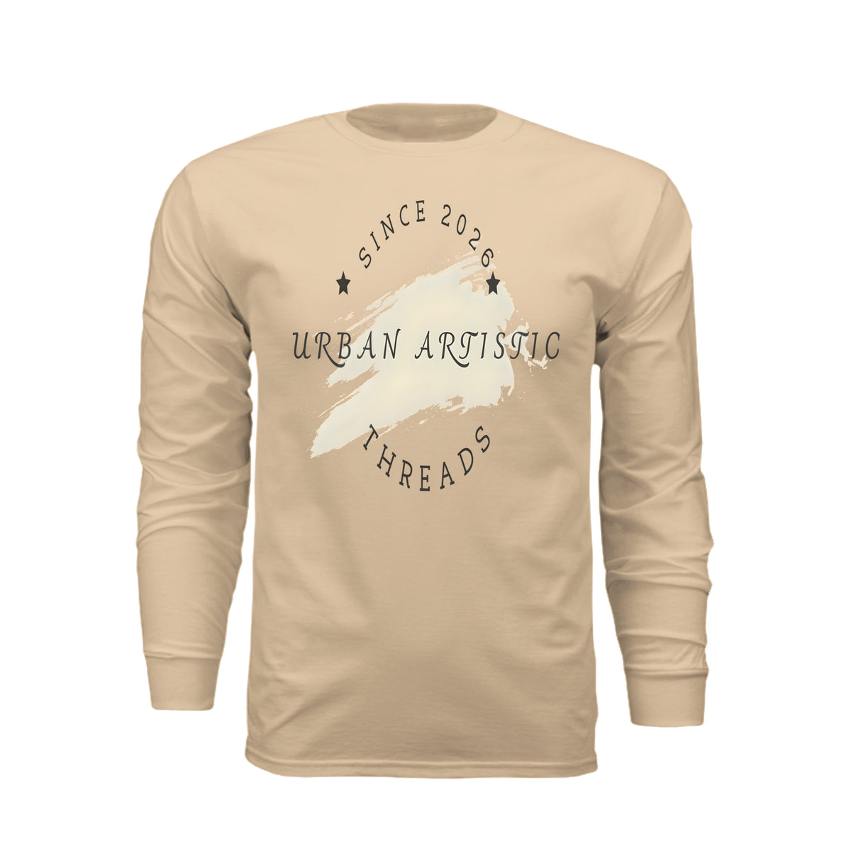 Beige long sleeve tee featuring Urban Artistic Threads logo with white brushstroke graphic and Since 2026 text.