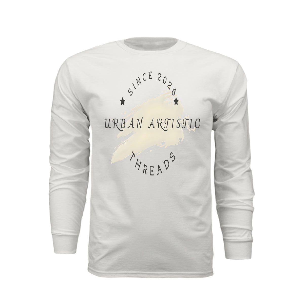 White Urban Artistic Threads long sleeve tee featuring a beige brushstroke graphic and "Since 2026" text with stars.