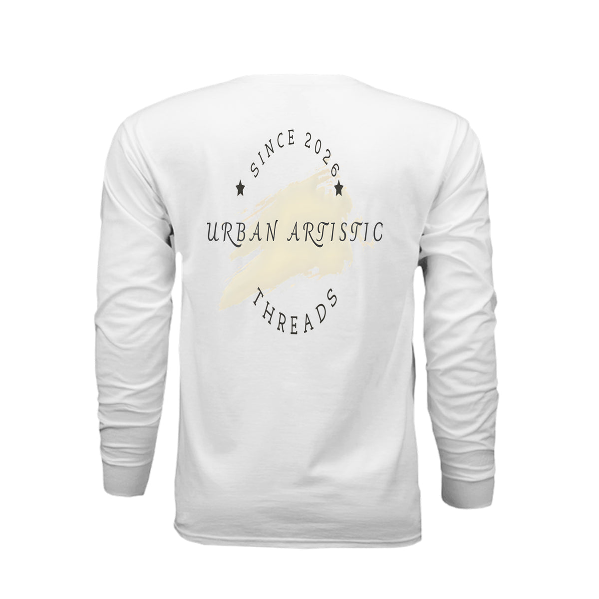 White long sleeve tee back featuring Urban Artistic Threads logo with beige paint stroke and Since 2026 text.
