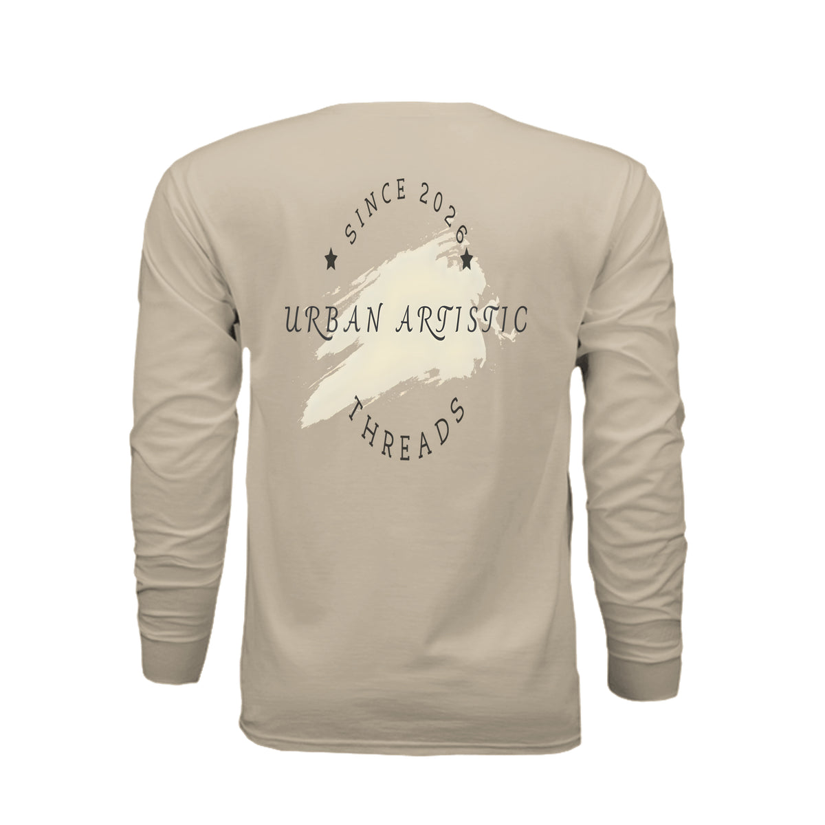 Back of beige Urban Artistic Threads long sleeve tee featuring a white brushstroke graphic, "Since 2026" text, and star accents.