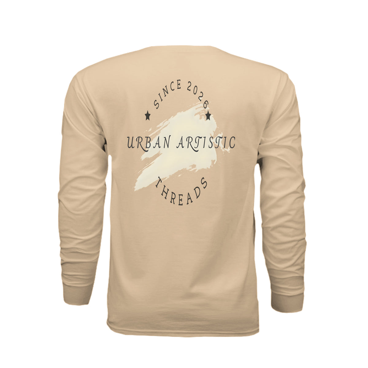 Back of beige long sleeve tee featuring Urban Artistic Threads signature logo with white brushstroke and Since 2026 text.