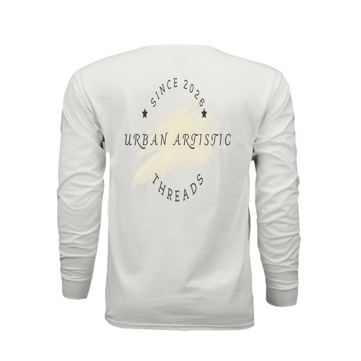 White long sleeve tee back featuring Urban Artistic Threads signature logo, beige brushstroke, "Since 2026" text, and star accents.
