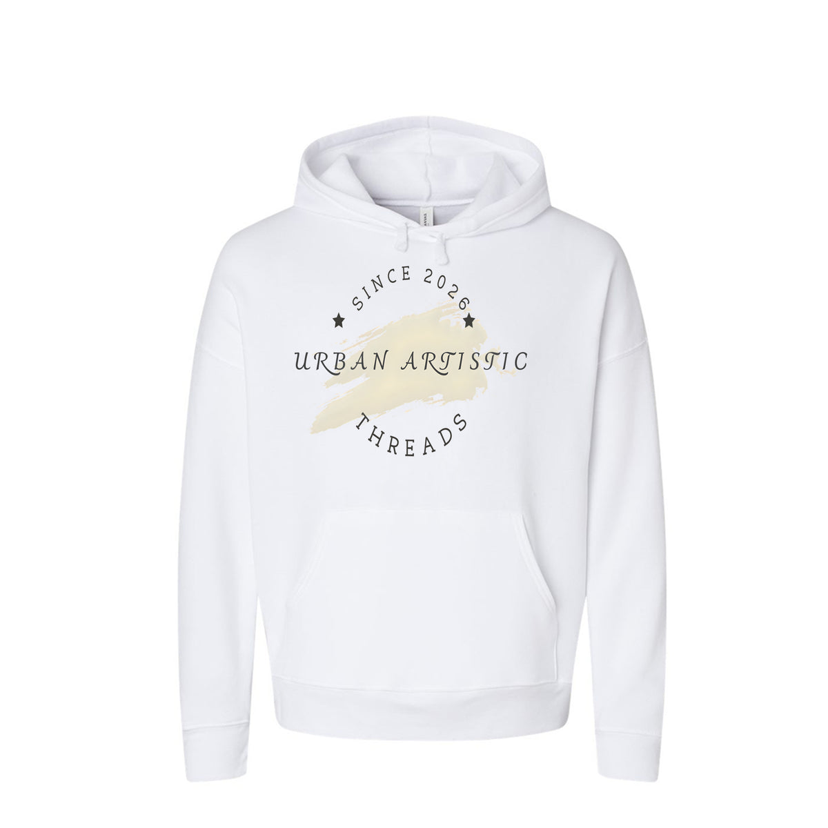 White Urban Artistic Threads hoodie featuring a gold paint stroke graphic and text reading "Since 2026" for city streetwear.