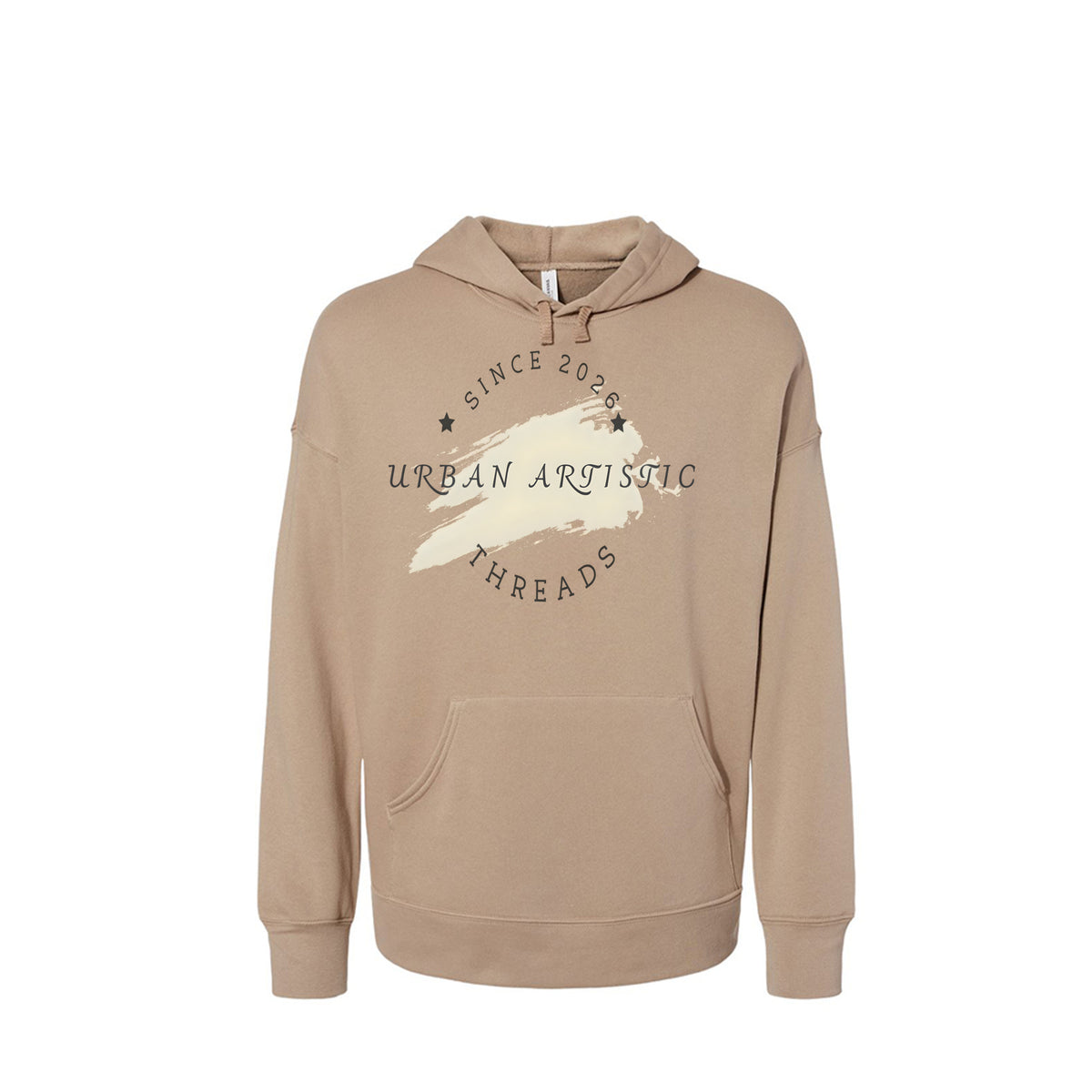 Tan Urban Artistic Threads hoodie featuring a white paint swipe graphic and "Since 2026" text for city streetwear.