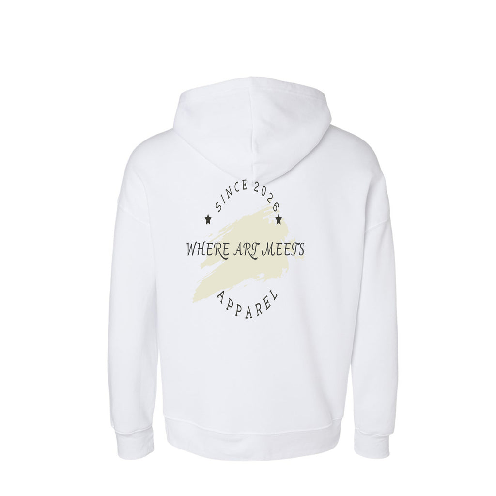 White streetwear hoodie back featuring "Where Art Meets Apparel" text over a beige brushstroke graphic.