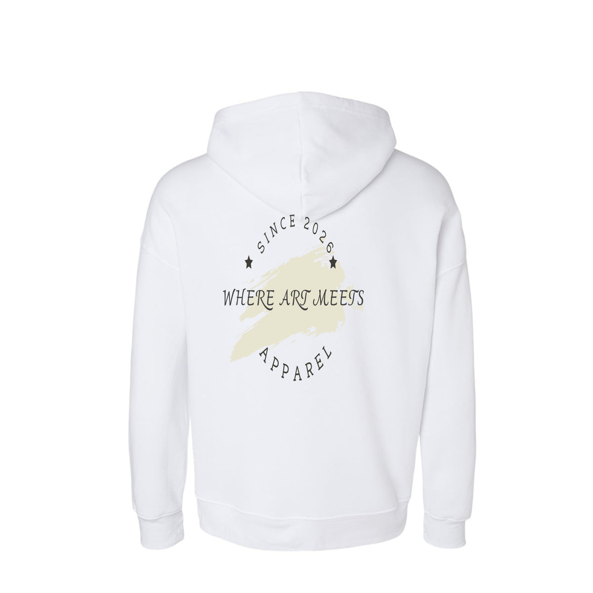 White streetwear hoodie back featuring "Where Art Meets Apparel" text over a beige brushstroke graphic.