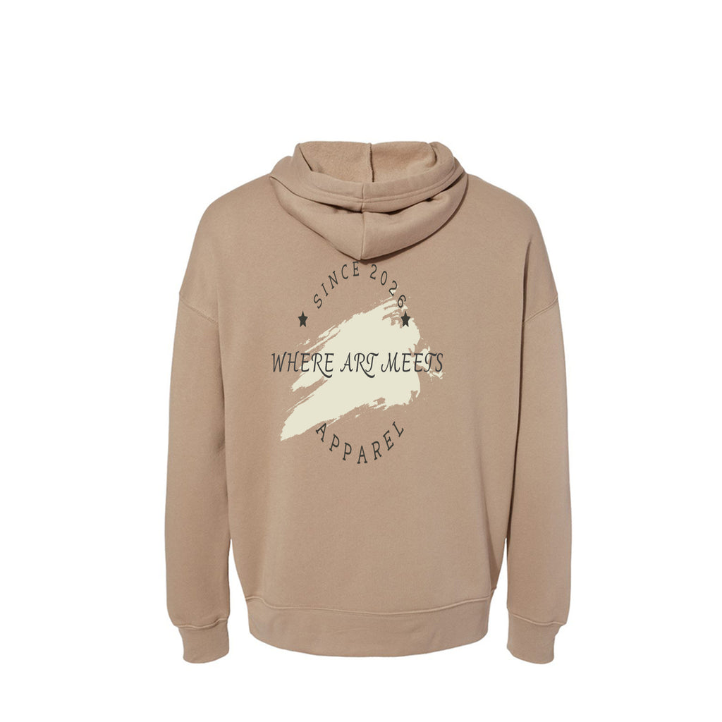 Back of beige hoodie featuring "Where Art Meets Apparel" graphic with paint stroke. Urban streetwear for city life.