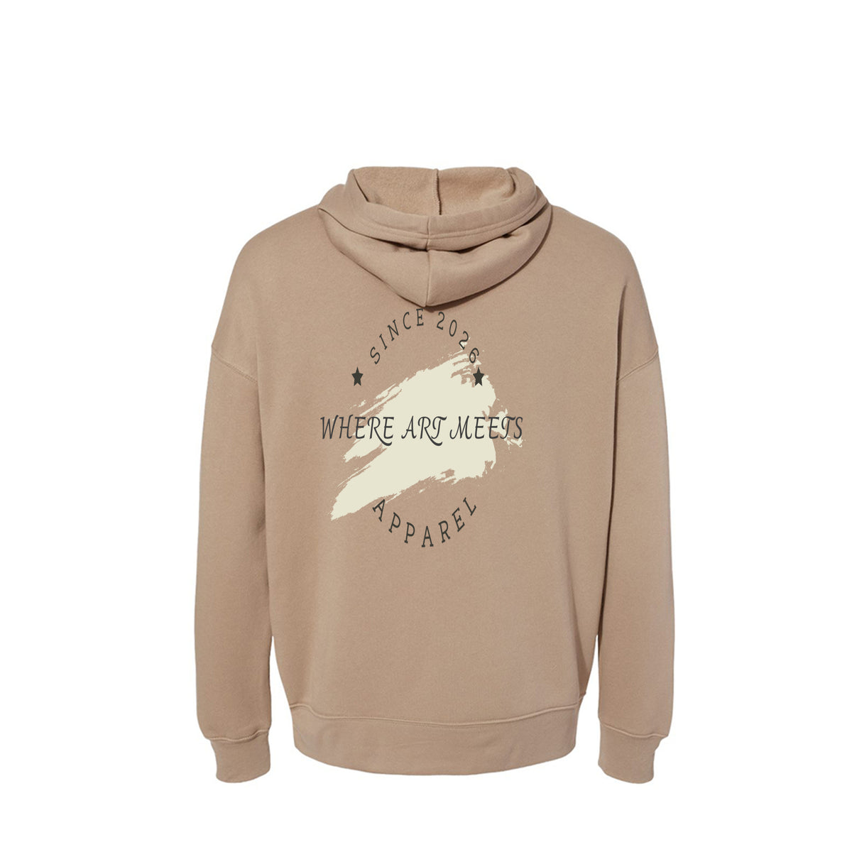 Back of beige hoodie featuring "Where Art Meets Apparel" graphic with paint stroke. Urban streetwear for city life.