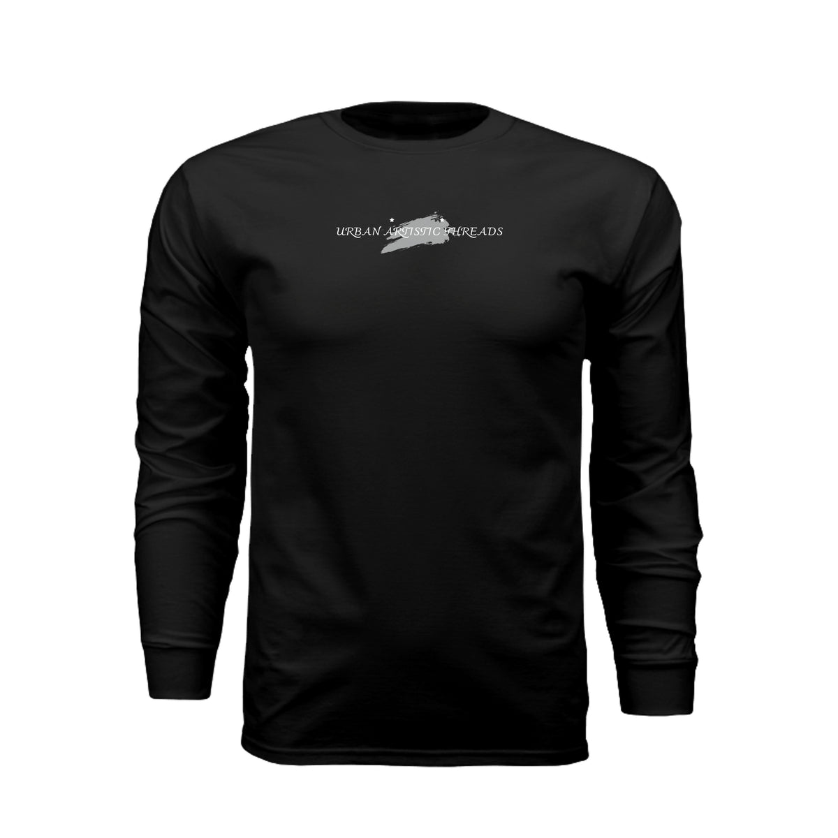Black long sleeve tee featuring the Urban Artistic Threads signature logo with a grey brushstroke design on the chest.