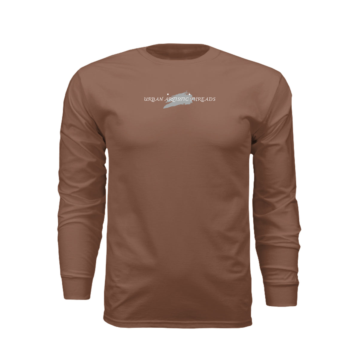 Brown Urban Artistic Threads long sleeve tee featuring a small grey brushstroke logo on the chest for street-culture style.