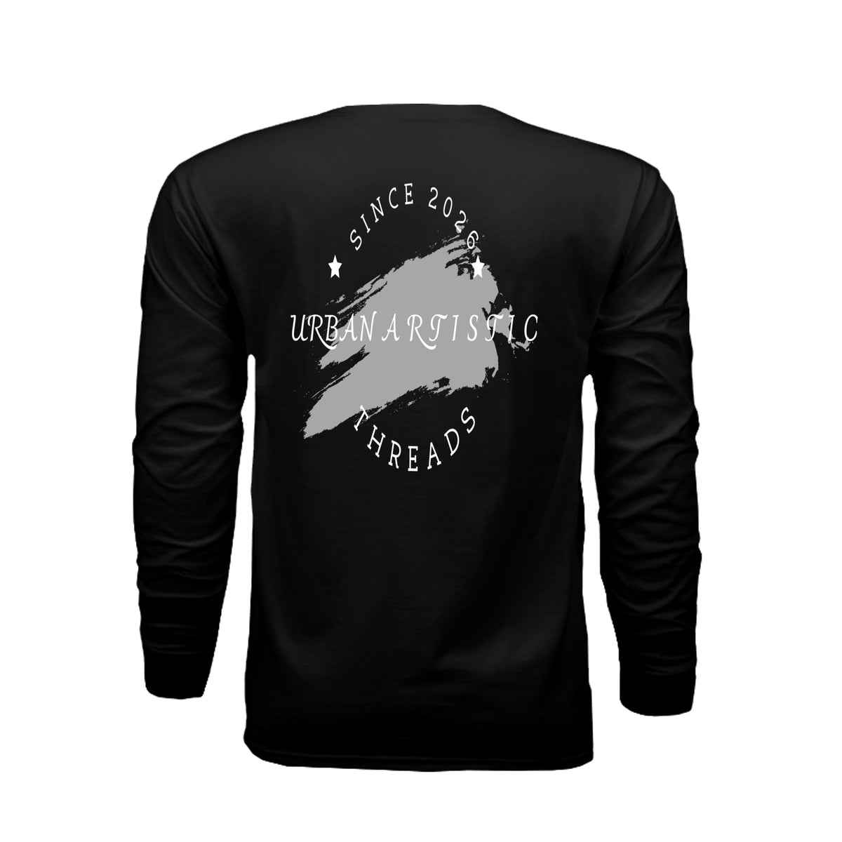 Black long sleeve tee back with Urban Artistic Threads signature logo, paintbrush stroke graphic, and Since 2020 text.