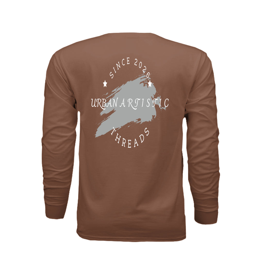 Back of brown long sleeve tee featuring Urban Artistic Threads logo with grey brushstroke and "Since 2020" text.