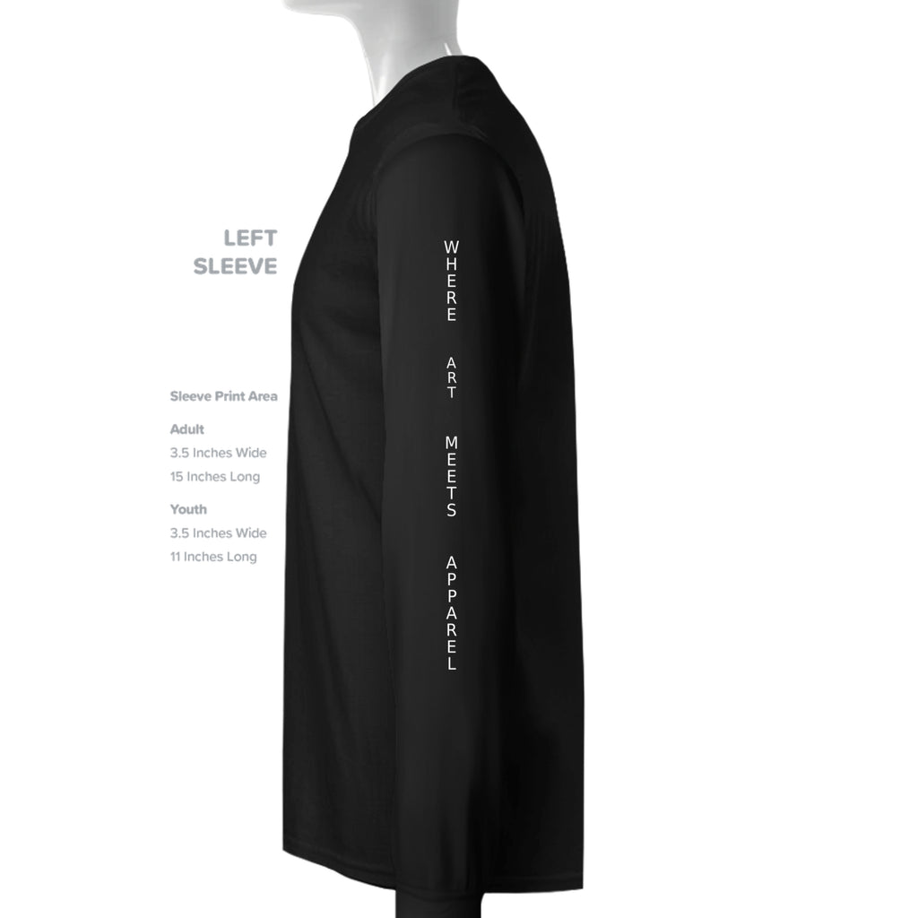 Black long sleeve tee displaying vertical white "Where Art Meets Apparel" text on the left sleeve, designed for street culture enthusiasts.