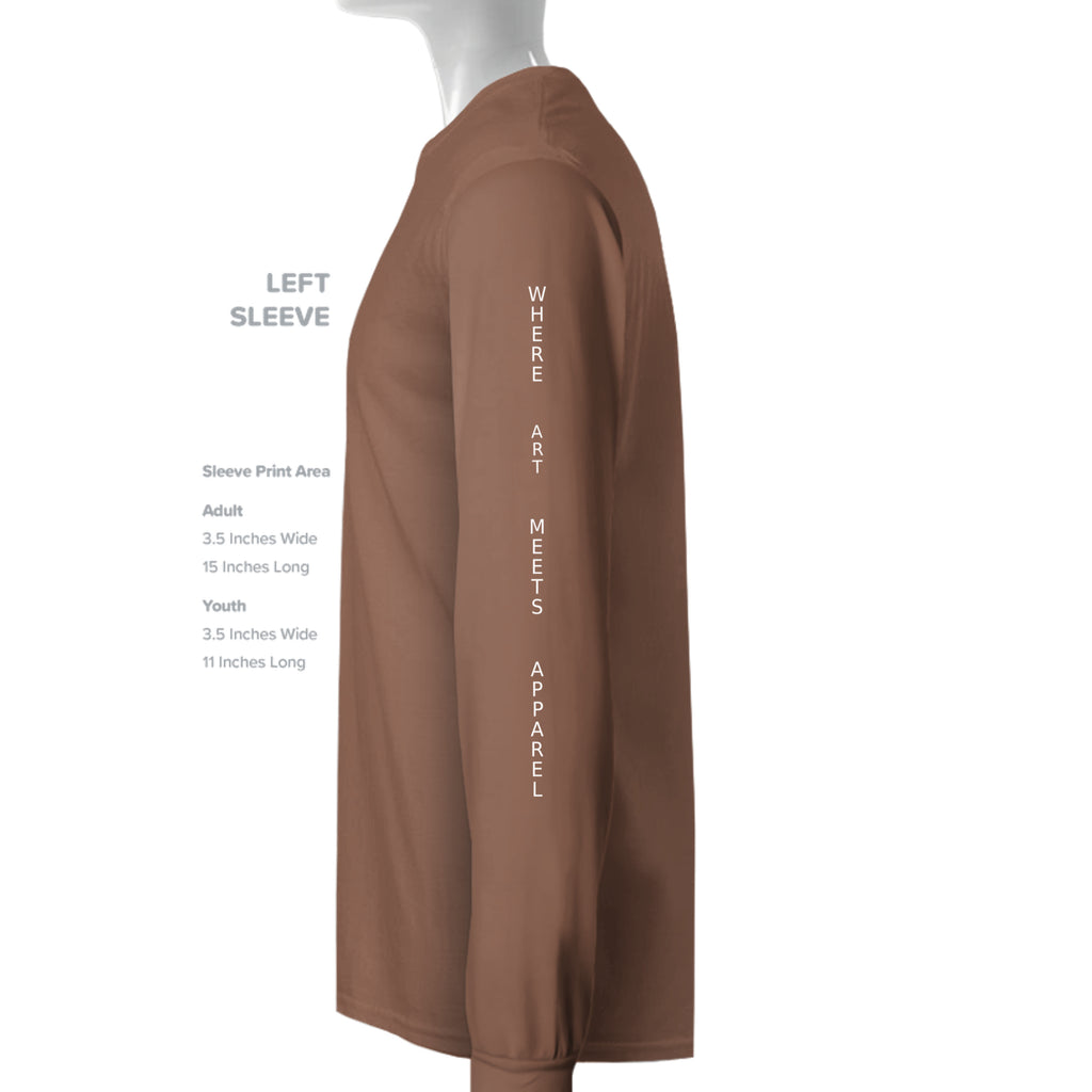 Brown long sleeve tee on mannequin featuring vertical "Where Art Meets Apparel" print on left sleeve.