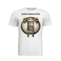 White unisex shirt with "SecondChancesMatter" text and graphic of hands breaking chains from a prison door.
