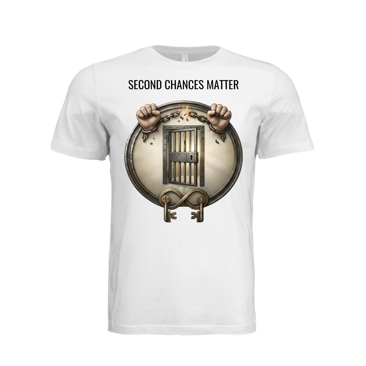 White unisex shirt with "SecondChancesMatter" text and graphic of hands breaking chains from a prison door.