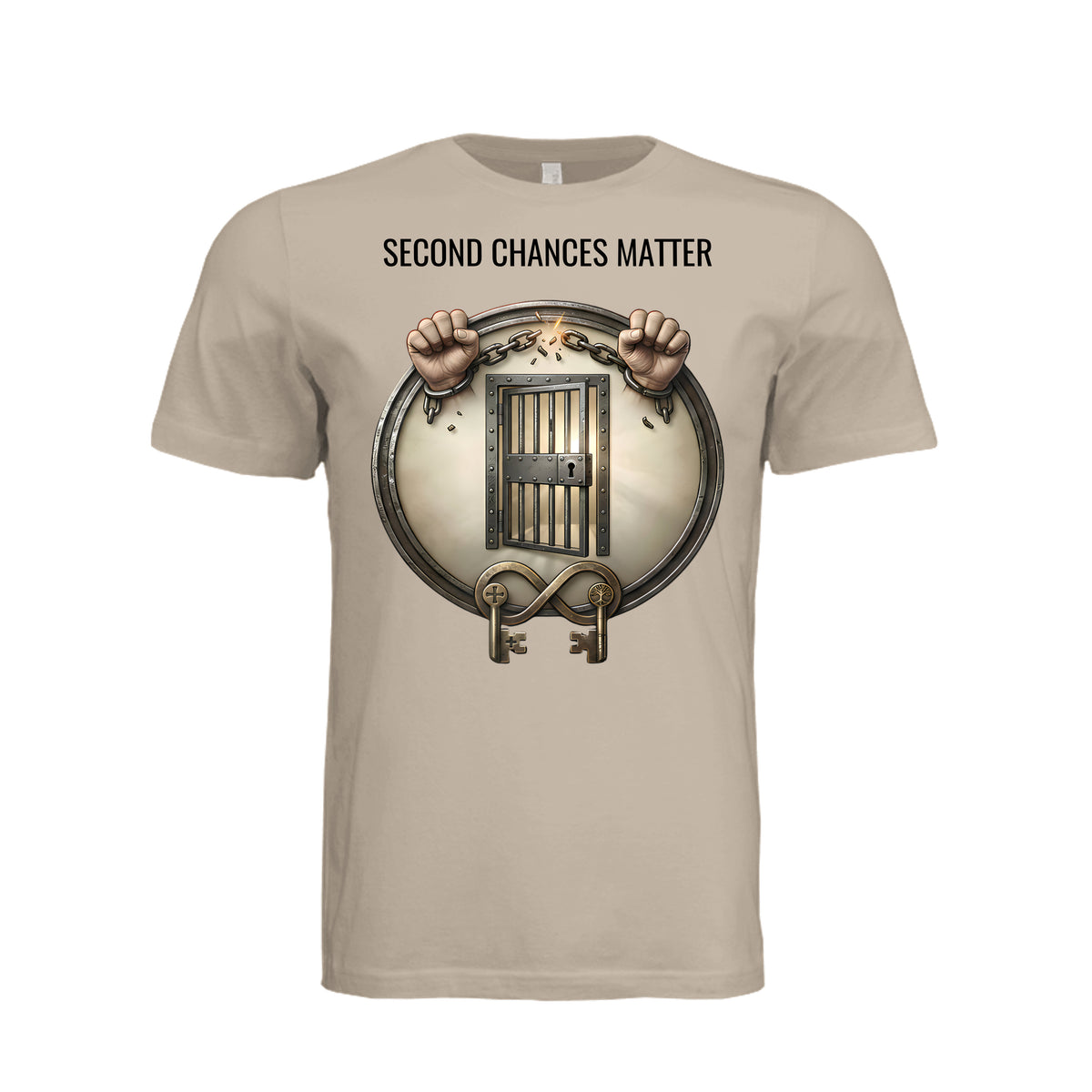 Beige t-shirt with "Second Chances Matter" text and graphic of hands breaking chains over a prison door and keys.