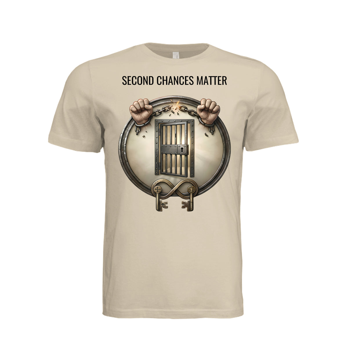 Second Chances Matter graphic tee featuring broken chains, prison bars, and keys for rehabilitation advocacy.