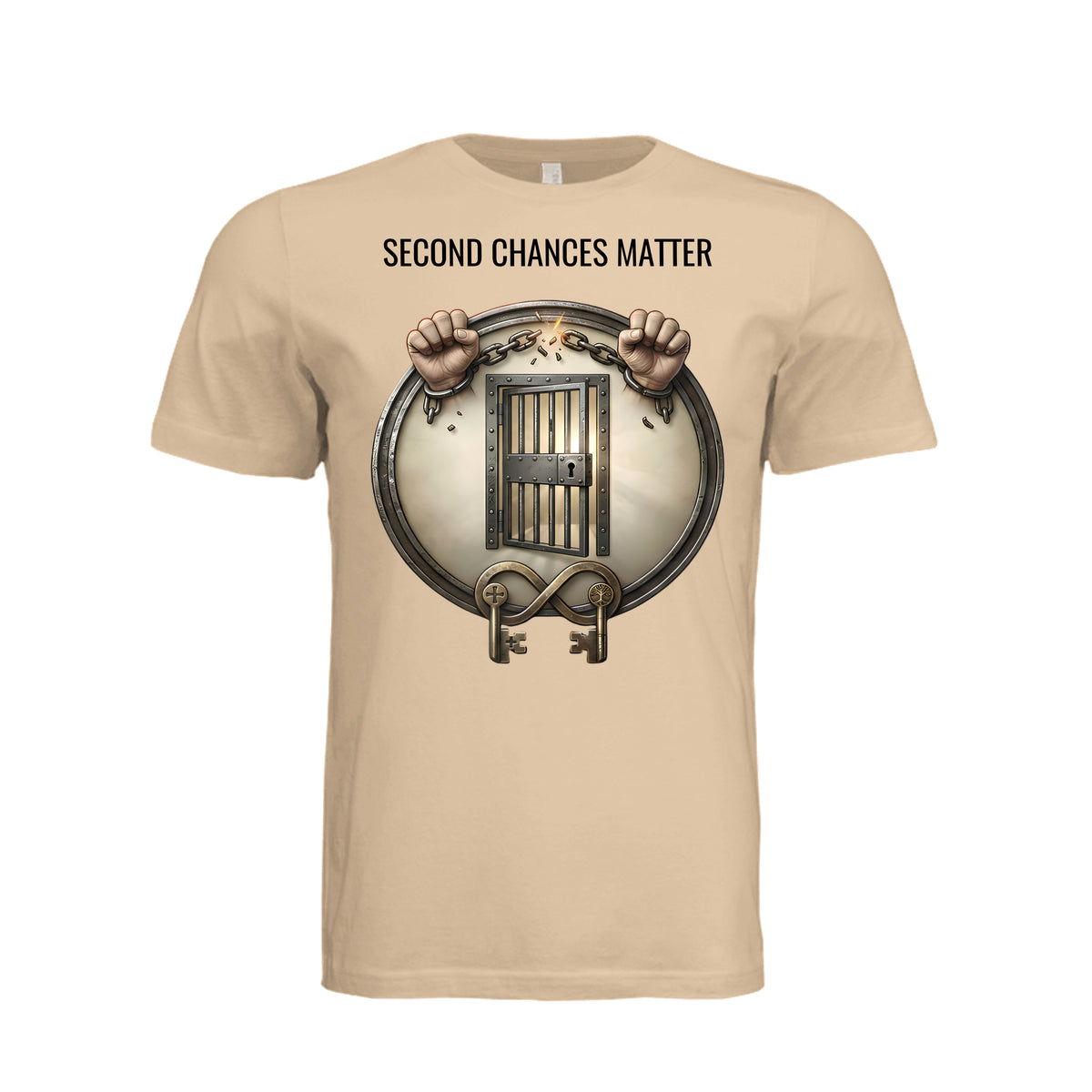 Second Chances Matter t-shirt with graphic of hands breaking chains from a prison cell and infinity keys.