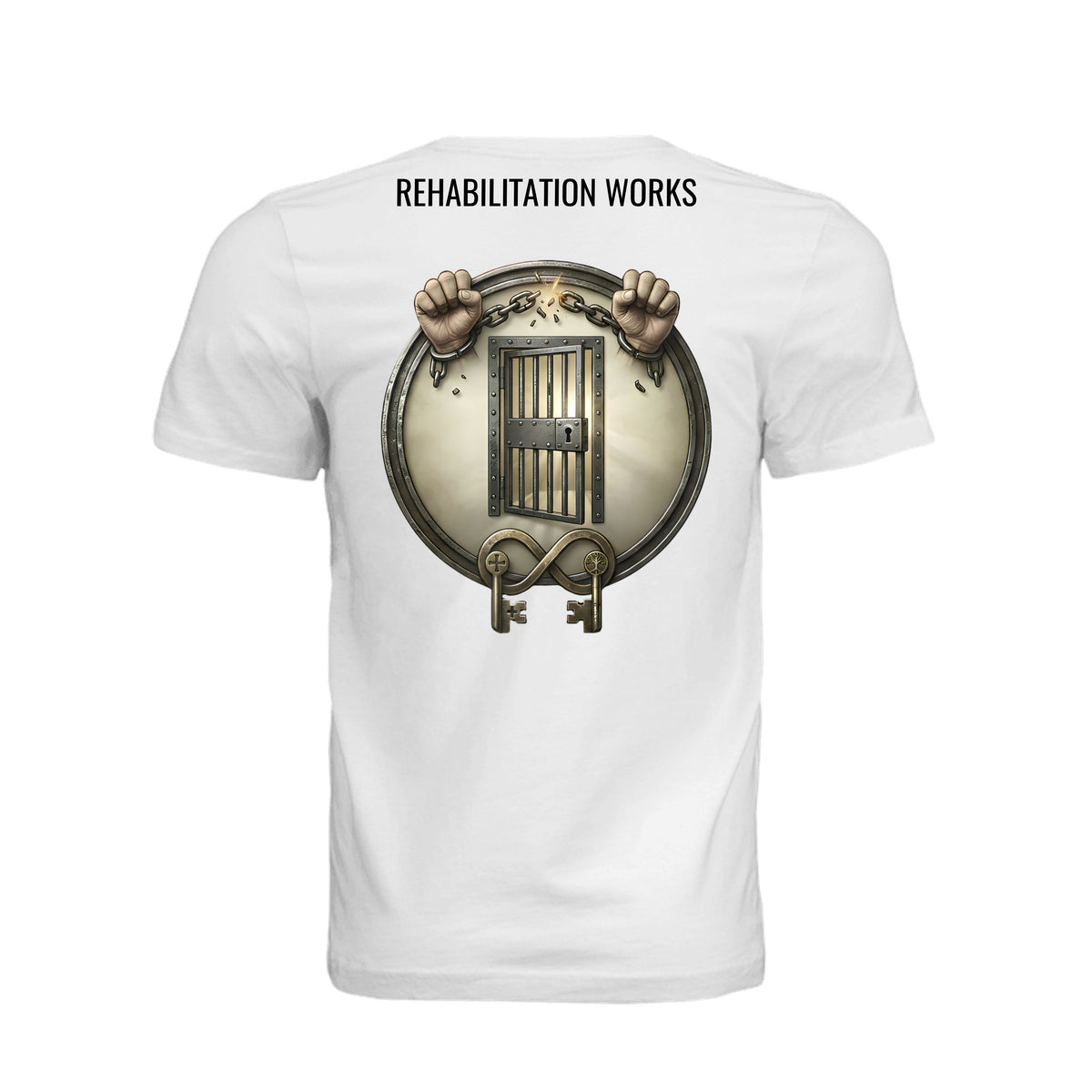 White unisex t-shirt featuring Rehabilitation Works graphic with hands breaking chains, prison bars, and keys symbolizing second chances.