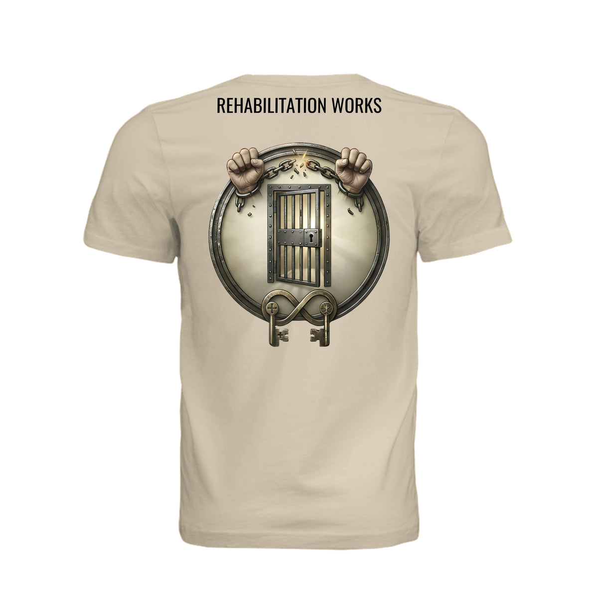 Beige t-shirt back with Rehabilitation Works graphic featuring breaking chains, prison gate, and keys supporting second chances.