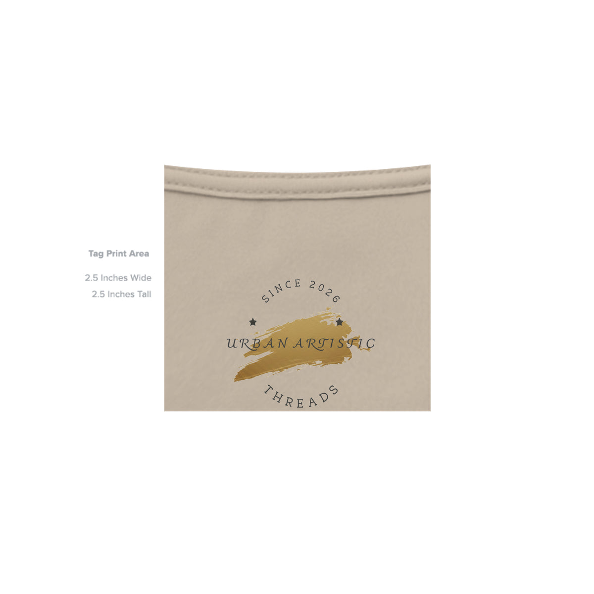 Urban Artistic Threads tag print area showing gold brushstroke logo on beige unisex graphic tee collar.