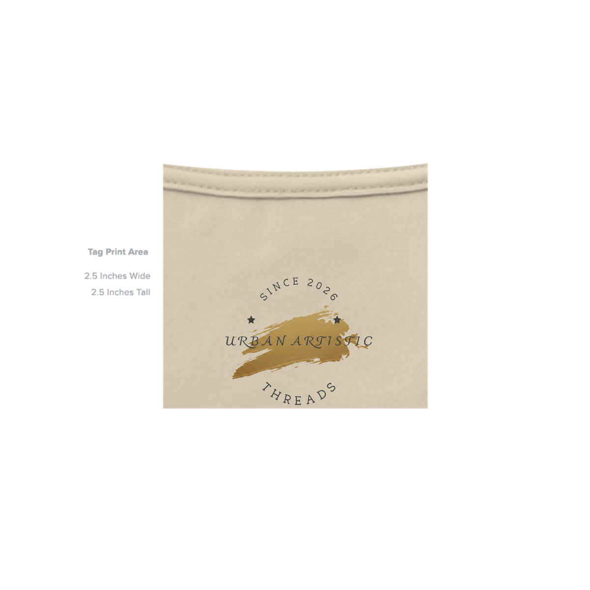 Beige shirt collar displaying Urban Artistic Threads logo with gold paint stroke, stars, and Since 2026 text for second chances tee.