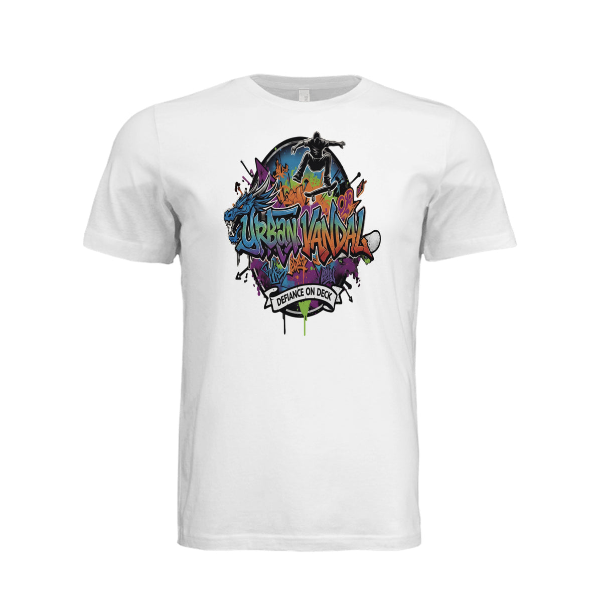 White t-shirt featuring colorful Urban Vandal graffiti graphic with blue dragon, skater silhouette, and Defiance on Deck text.
