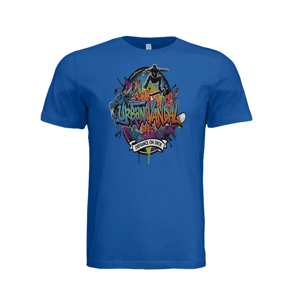 Blue Urban Vandal t-shirt featuring graffiti dragon, skater graphic, and "Defiance on Deck" text for riders.