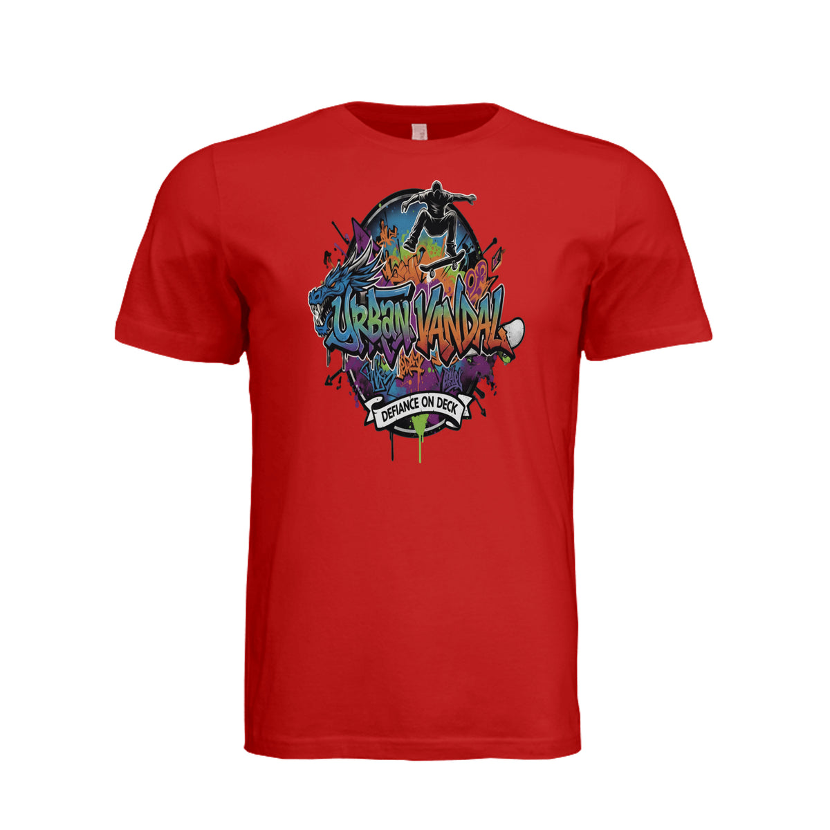 Red Urban Vandal t-shirt featuring graffiti art, a blue dragon, and a skater with Defiance on Deck text.