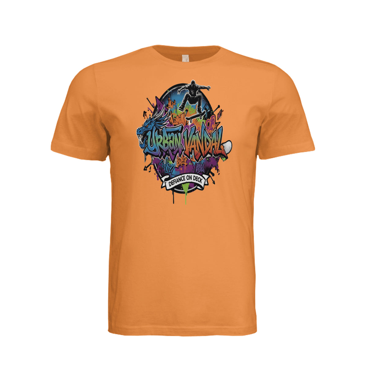 Orange t-shirt featuring Urban Vandal graffiti graphic with dragon, skater silhouette, and Defiance on Deck text.