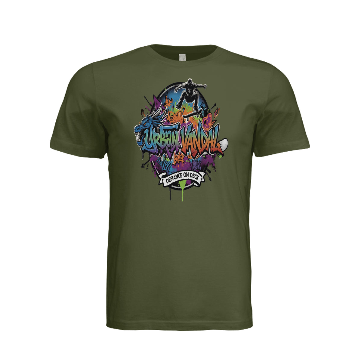 Urban Vandal green t-shirt featuring graffiti dragon, skater graphic, and Defiance On Deck text.