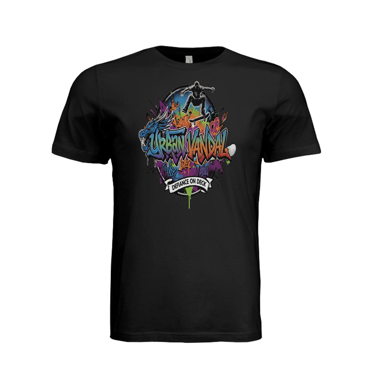 Black Urban Vandal tee shirt featuring graffiti dragon, skater graphic, and Defiance On Deck text.
