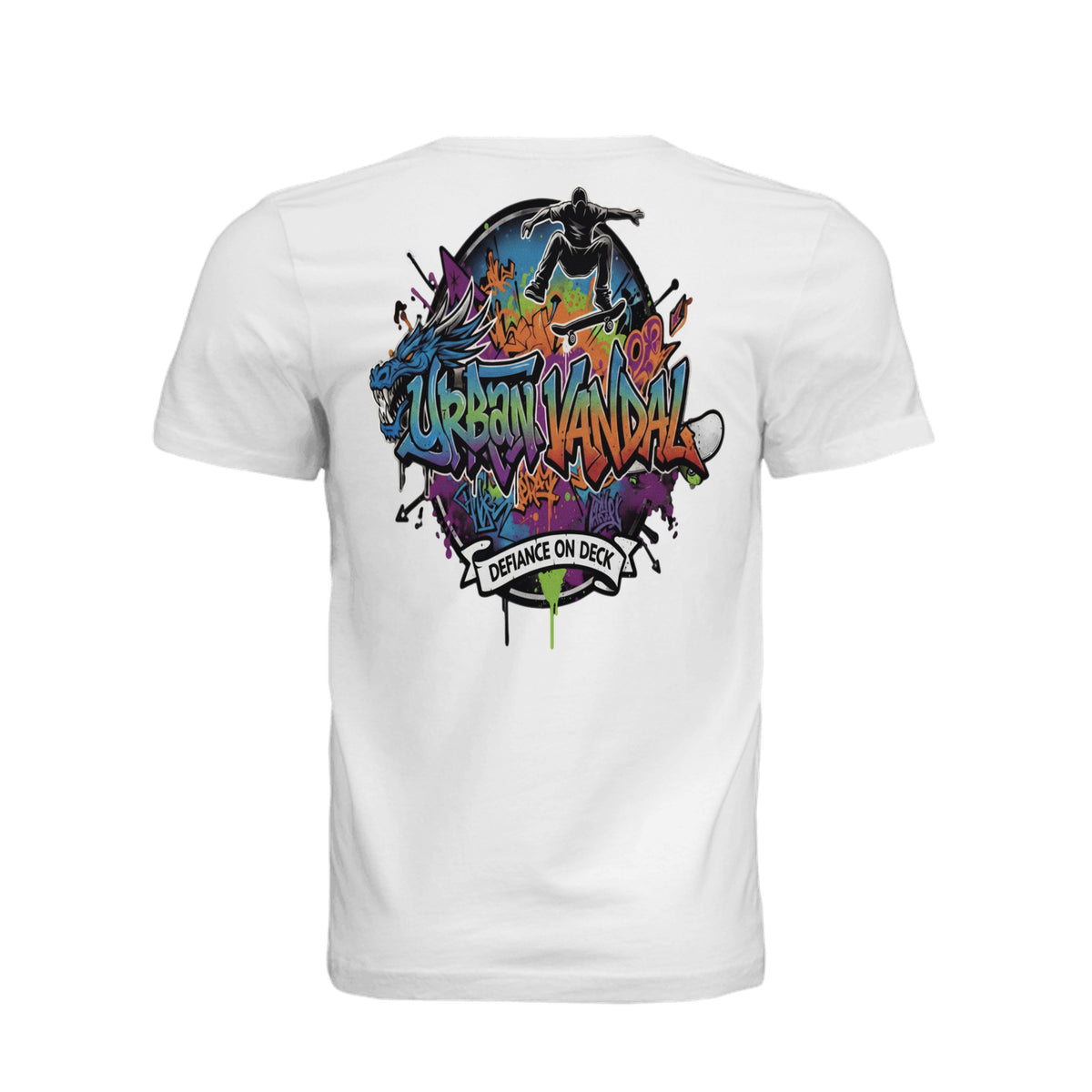 Urban Vandal Defiance on Deck white tee shirt featuring colorful graffiti art, blue dragon, and skateboarder graphic for skaters.