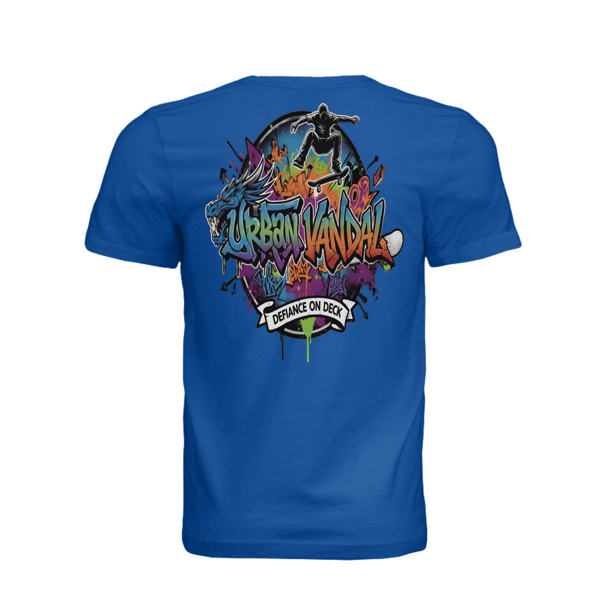 Blue Urban VandalDefiance on Deck tee shirt featuring graffiti art, dragon, and skater graphic.