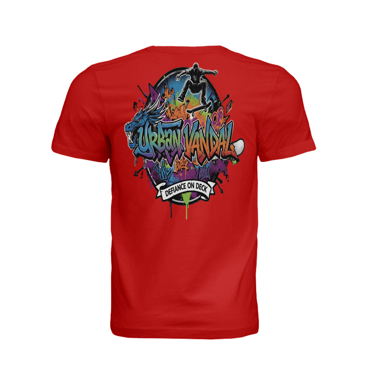 Red Urban Vandal Defiance On Deck skate tee shirt featuring graffiti dragon and skater graphic for riders.