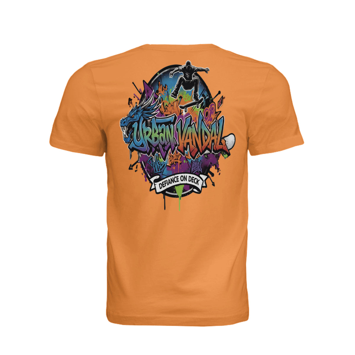 Orange Urban Vandal Defiance on Deck skate t-shirt featuring bold graffiti art, a blue dragon, and a skater silhouette.