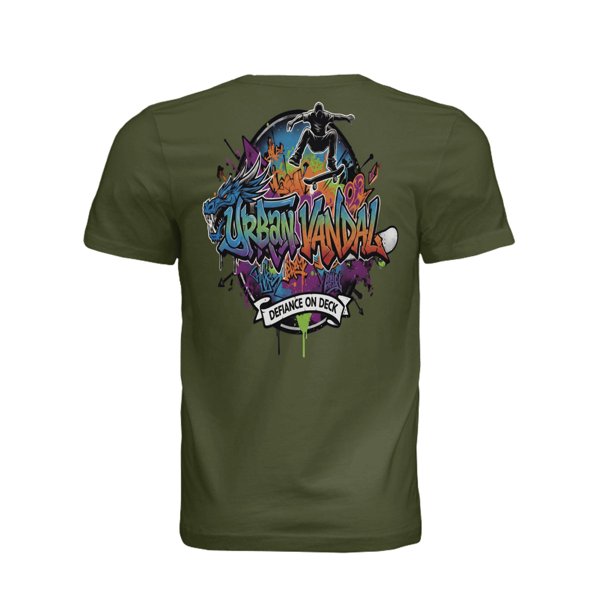Olive green Urban Vandal skateboard tee featuring a colorful graffiti dragon graphic, skater silhouette, and Defiance On Deck banner.