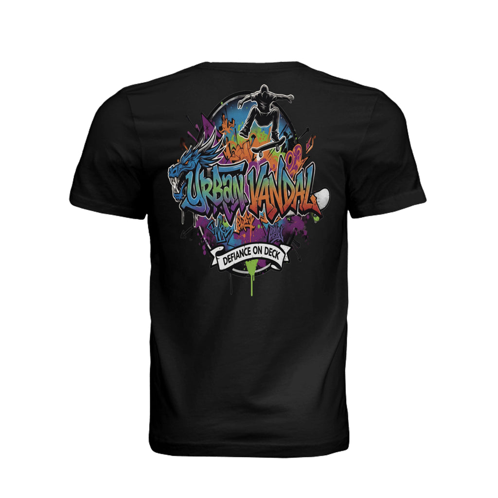 Black Urban Vandal Defiance On Deck Skateboard Tee featuring colorful graffiti dragon and skater graphic design for riders.
