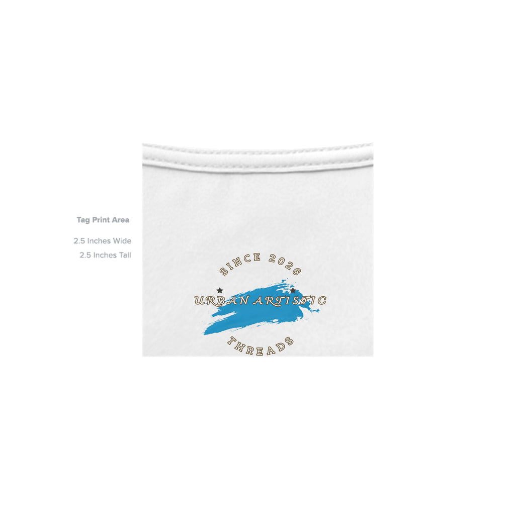 Urban Artistic Threads logo print on white skateboard tee collar, featuring blue brush stroke and Since 2026 text.
