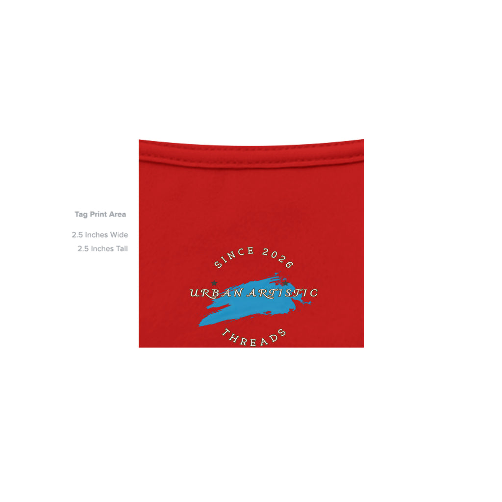 Red t-shirt neck area featuring Urban Artistic Threads blue brushstroke logo and Since 2026 text near collar.