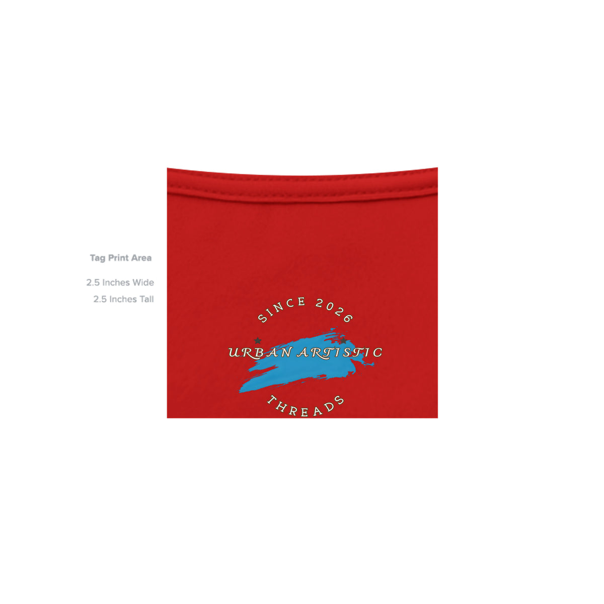 Red t-shirt neck area featuring Urban Artistic Threads blue brushstroke logo and Since 2026 text near collar.