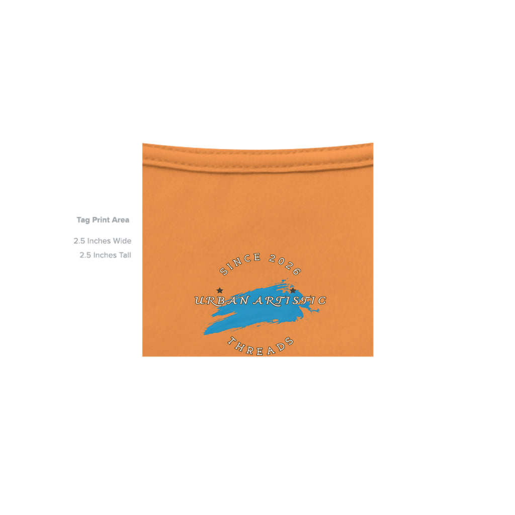 Orange t-shirt neck label featuring Urban Artistic Threads logo with blue brushstroke and Since 2026 text for skateboard riders.