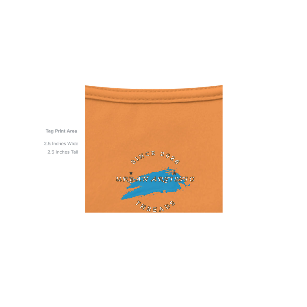 Orange t-shirt neck label featuring Urban Artistic Threads logo with blue brushstroke and Since 2026 text for skateboard riders.