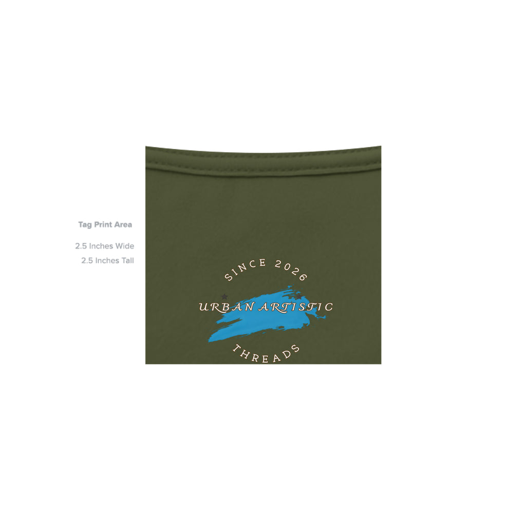 Olive green skateboard tee neck label with Urban Artistic Threads logo, blue brushstroke, and Since 2026 text.